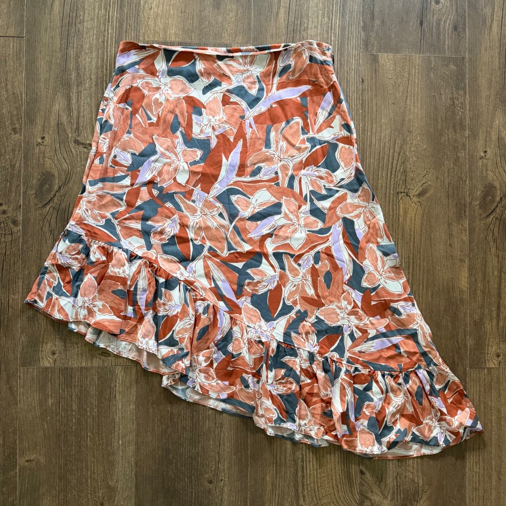 Nine West Asymmetrical Midi Skirt Womens Medium Terracotta Floral Ruffle Hem NEW